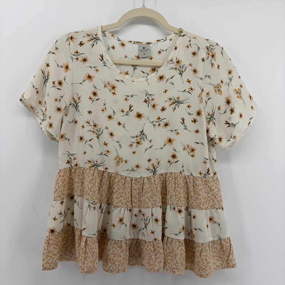Paper‎ Crane Babydoll Top Cream Floral Womens Size S Tiered Ruffle Cottagecore